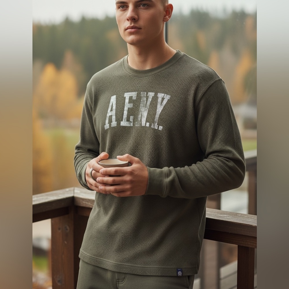 Vintage American Eagle Men's Brown Ribbed Knit Pullover Spell Out Logo Sz XL Y2K